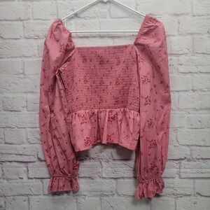 Dizzy Lizzy Floral Smocked Crop Top Women L Puff Sleeve Boho Peasant Square Neck